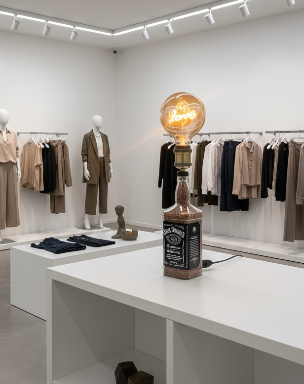 Lampada artigianale da tavolo realizzata con bottiglia Jack Daniel’s, lampadina vintage “Love” accesa, posizionata su mobile di design chiaro in ambiente commerciale