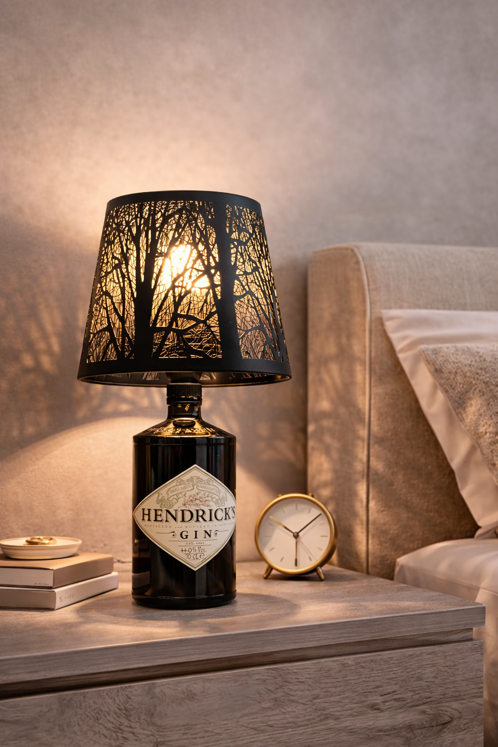 Lampada da tavolo Hendrick’s Gin in bottiglia riciclata con paralume decorativo, luce ambiente design