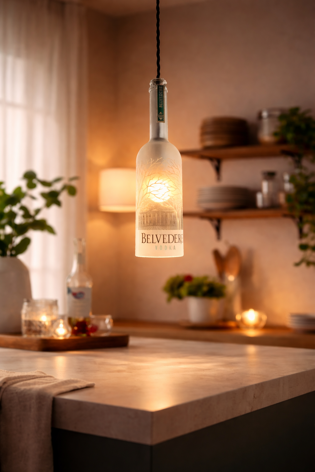 Lampada a sospensione artigianale in bottiglia Belvedere Vodka accesa sopra isola cucina in marmo, ambiente moderno luminoso con design minimal