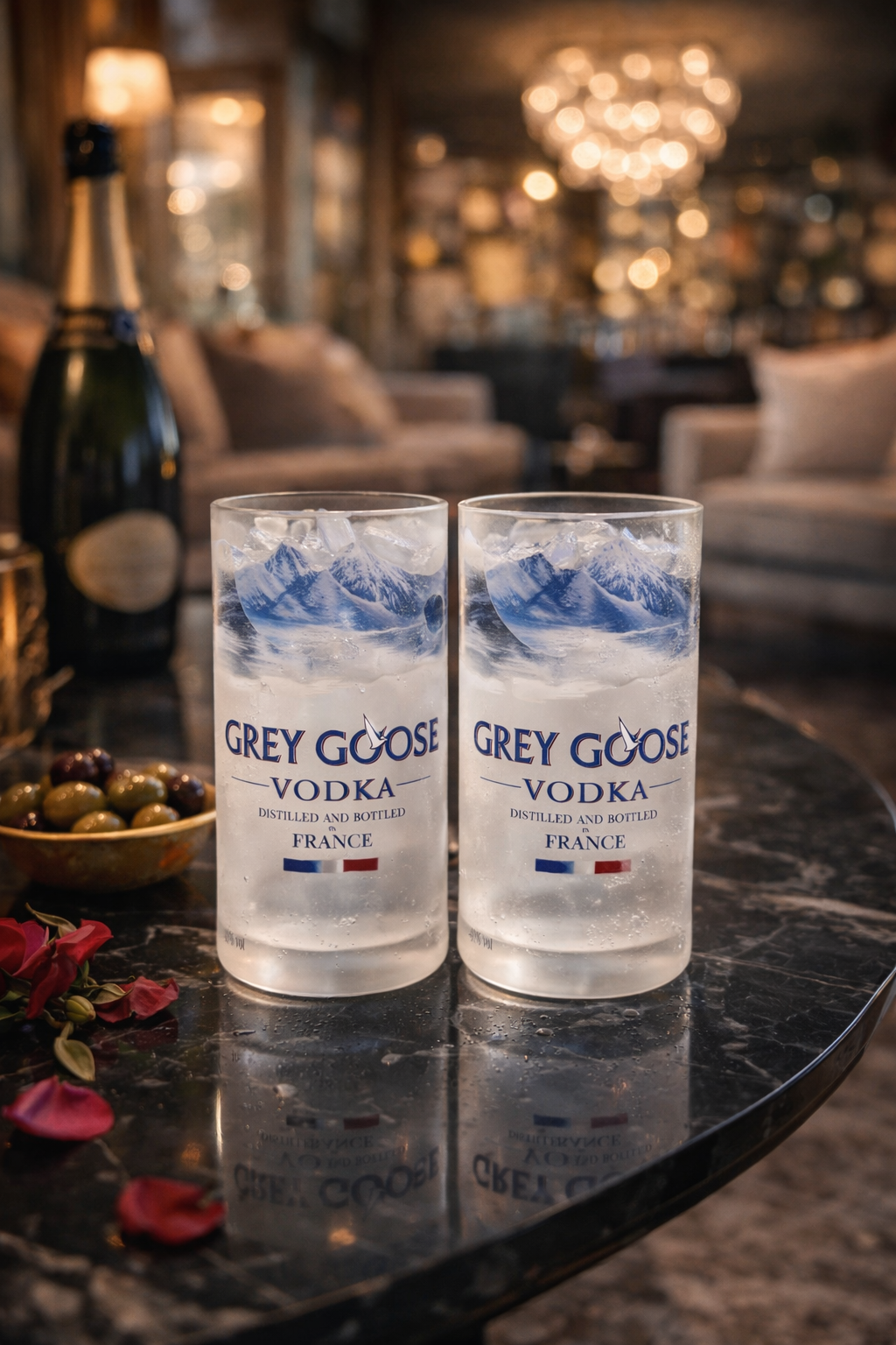 Bicchieri Grey Goose con ghiaccio su tavolo in marmo scuro in ambiente elegante con luci soffuse