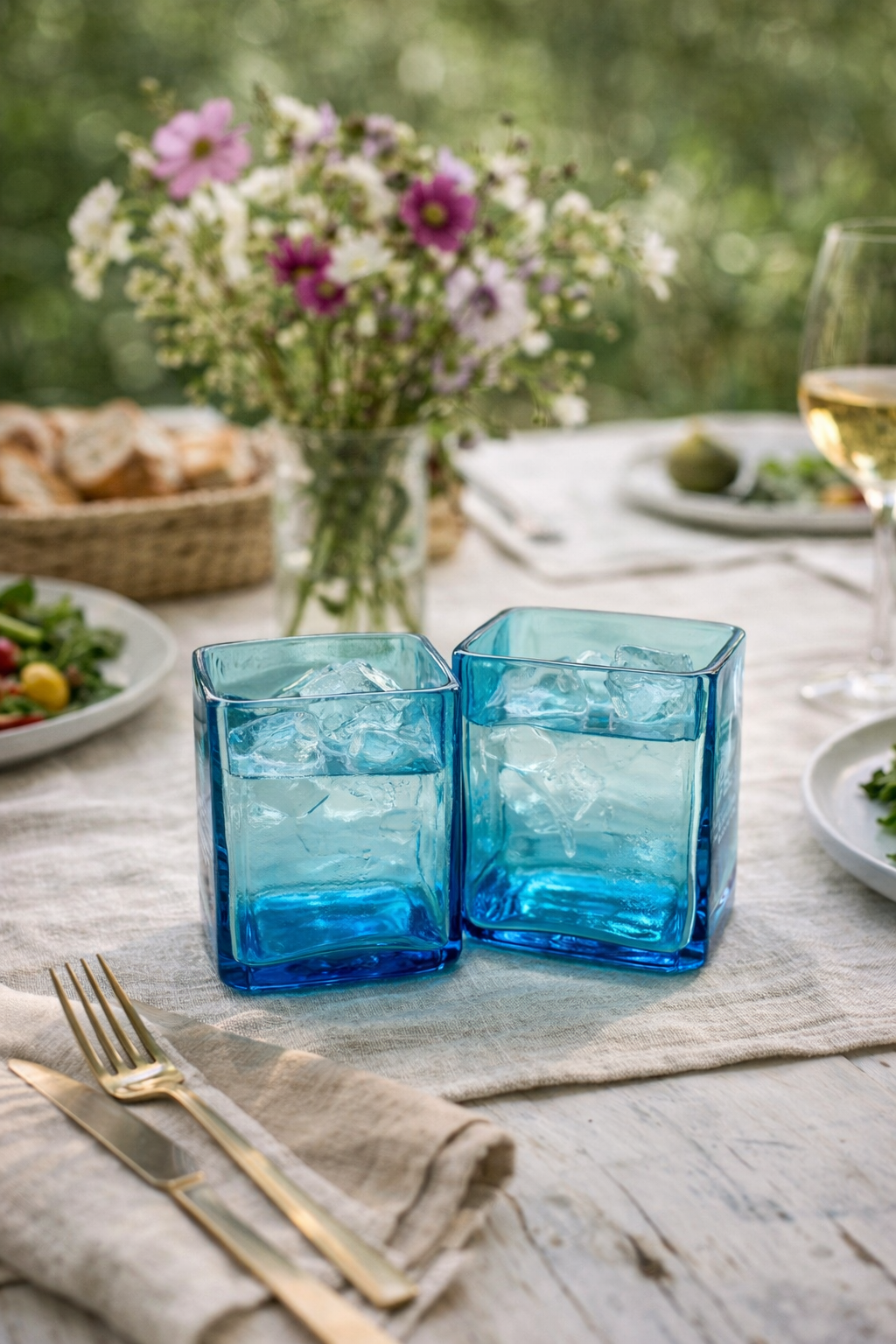 Bicchieri in vetro blu su tavolo apparecchiato in stile country chic con tovaglia e decorazioni naturali