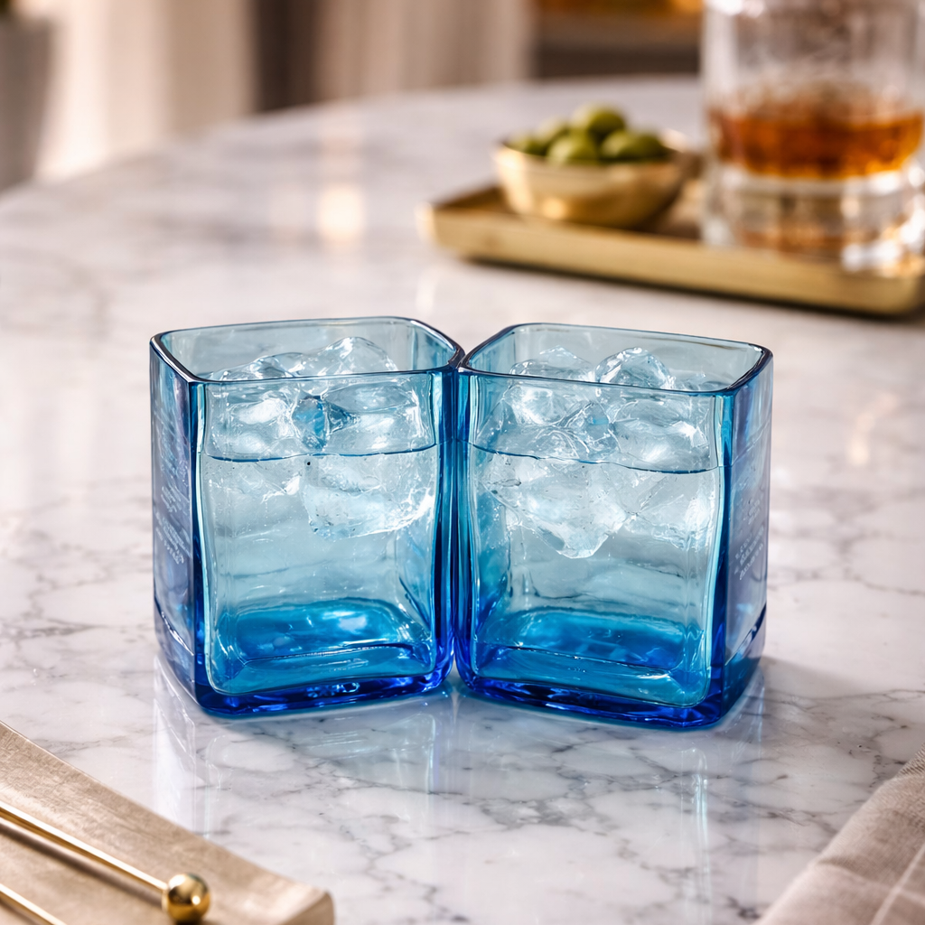 Bicchieri in vetro blu riciclato su superficie chiara con luce naturale in stile minimal ed elegante