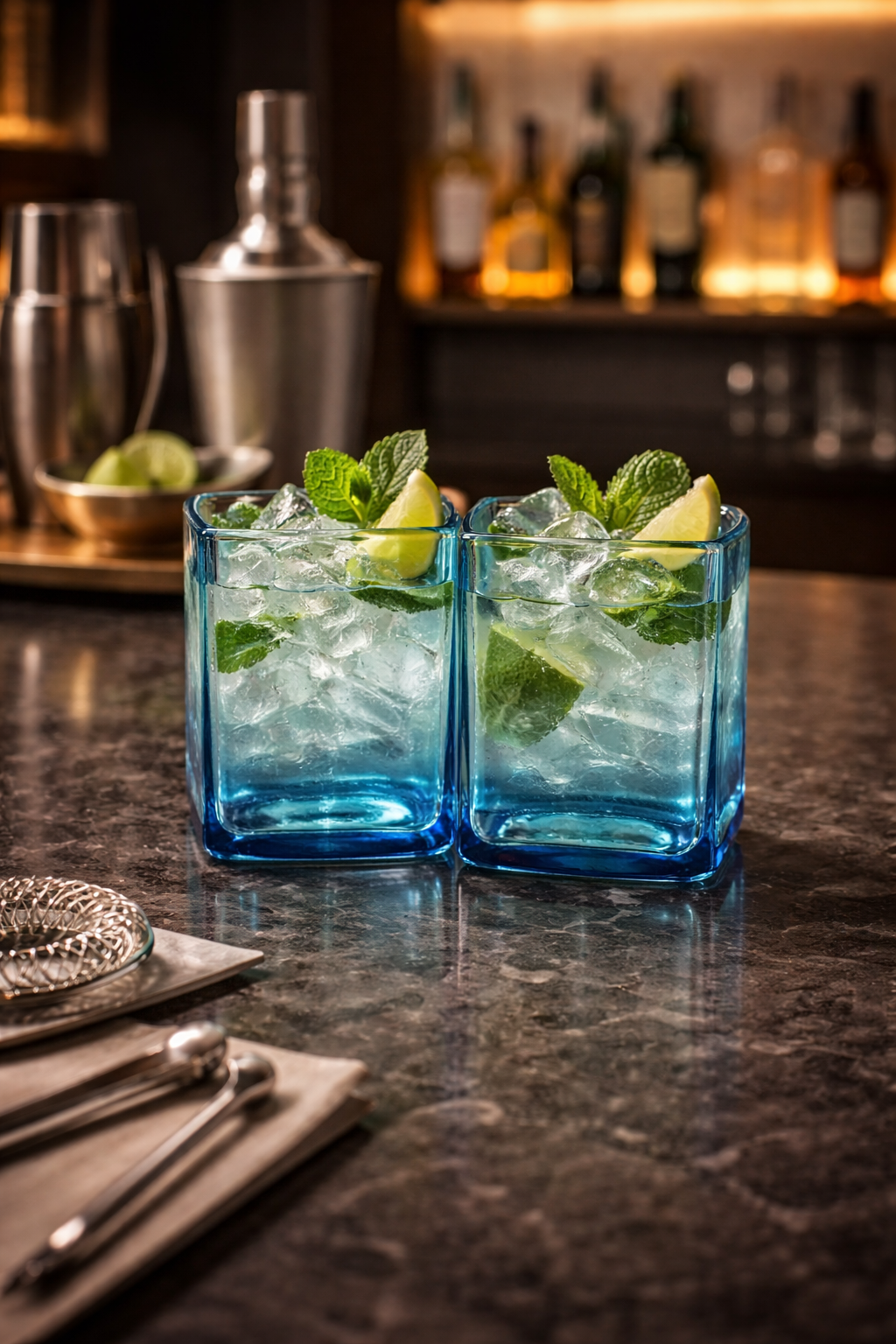 Bicchieri in vetro blu con cocktail ghiacciato, lime e menta su tavolo luminoso in ambiente moderno