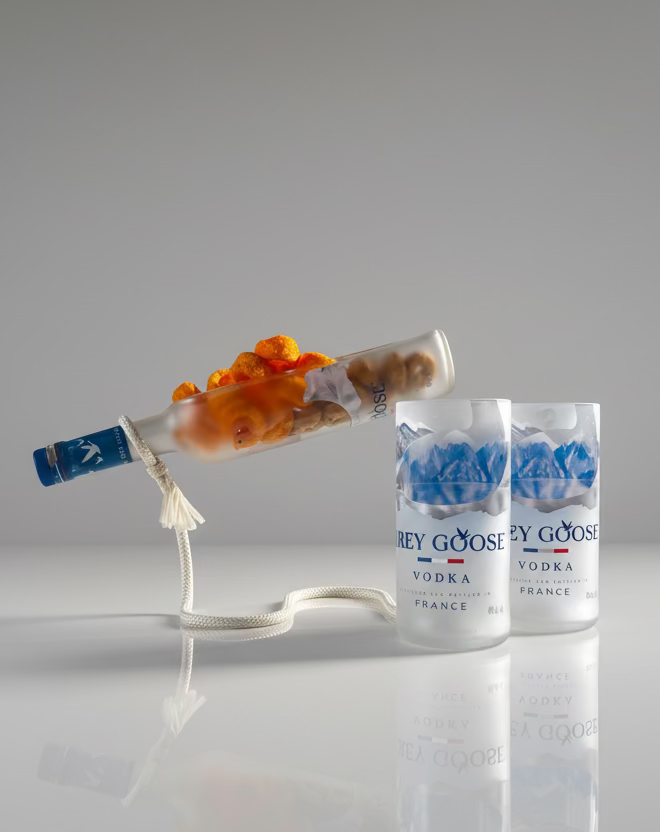 Set aperitivo da bottiglia Grey Goose riciclata con porta snack su supporto in corda e bicchieri vetro design