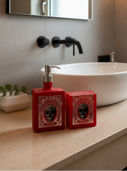 Set Bagno Amuerte Rosso Artigianale - Dispenser Sapone e Portaspazzolini