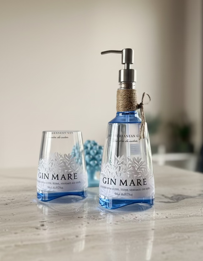 Dispenser sapone Gin Mare in bottiglia riciclata con bicchiere coordinato, design sostenibile da bagno