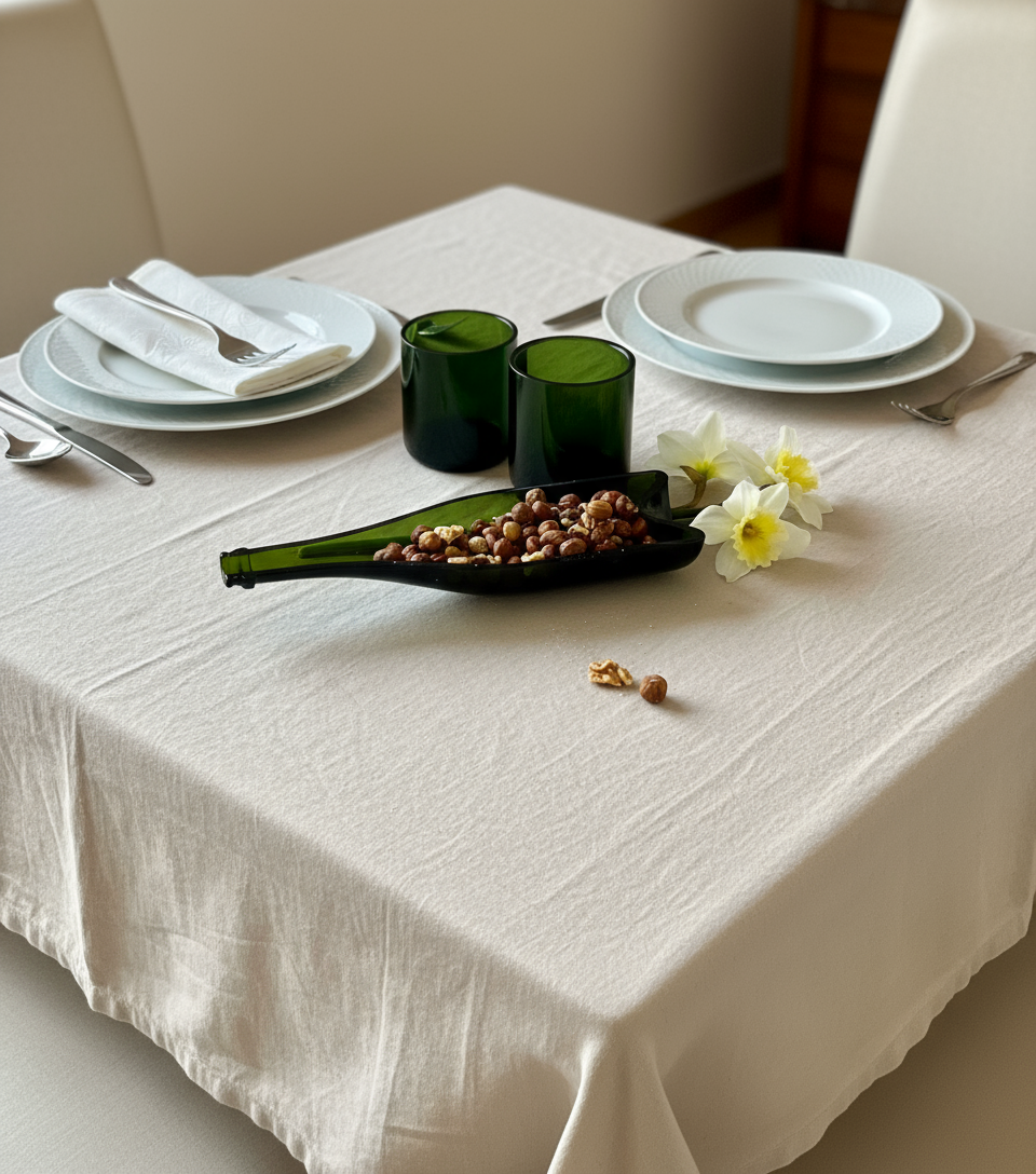 Set aperitivo di design in vetro riciclato su tavolo da soggiorno, atmosfera calda e contemporanea