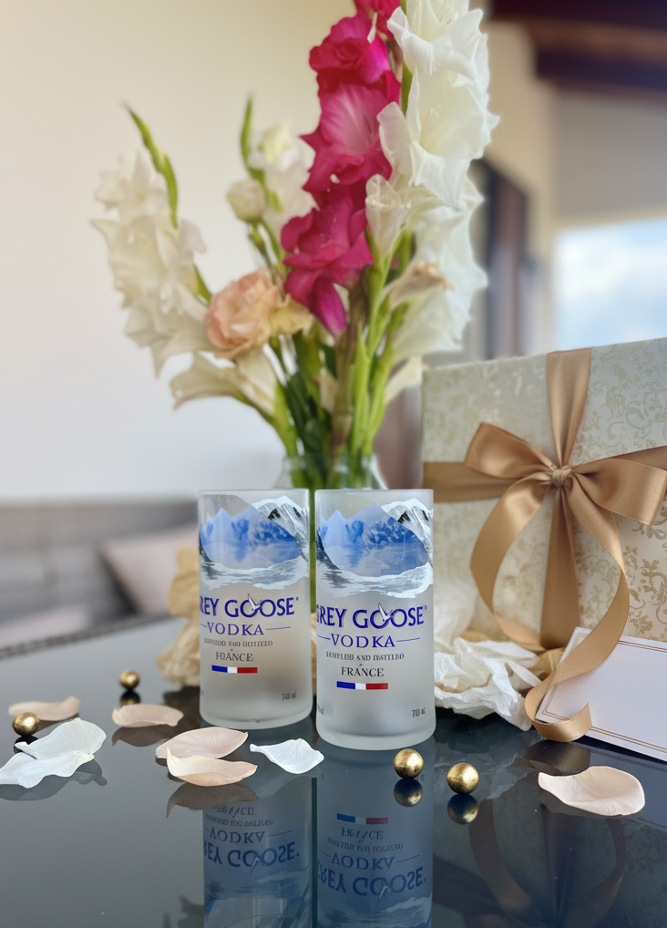 Bicchieri Grey Goose in vetro riciclato confezionati come idea regalo elegante con packaging e dettagli raffinati