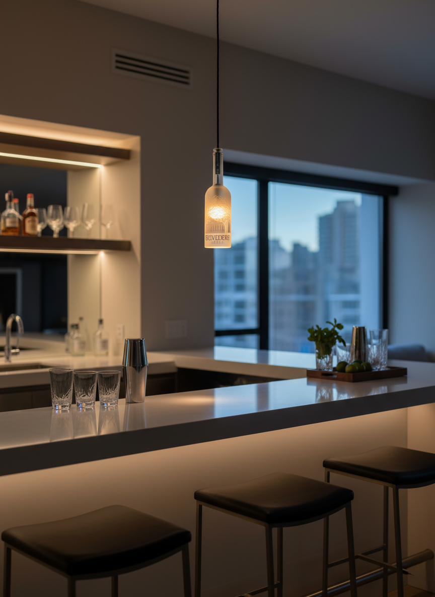 Lampadario a sospensione realizzato con bottiglia Belvedere Vodka illuminata, installato sopra bancone bar moderno, luce calda e atmosfera elegante da lounge contemporanea
