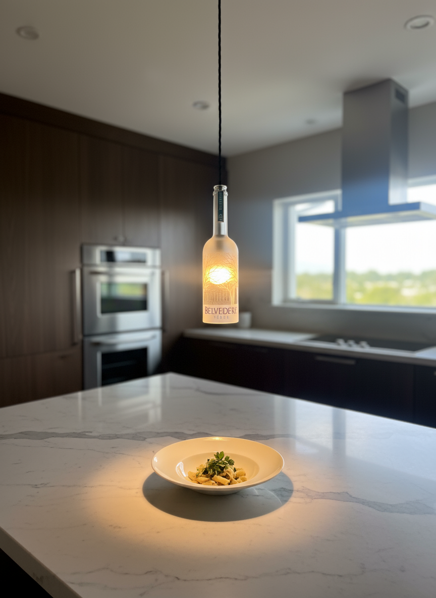 Dettaglio lampada a sospensione in bottiglia Belvedere illuminata, design artigianale