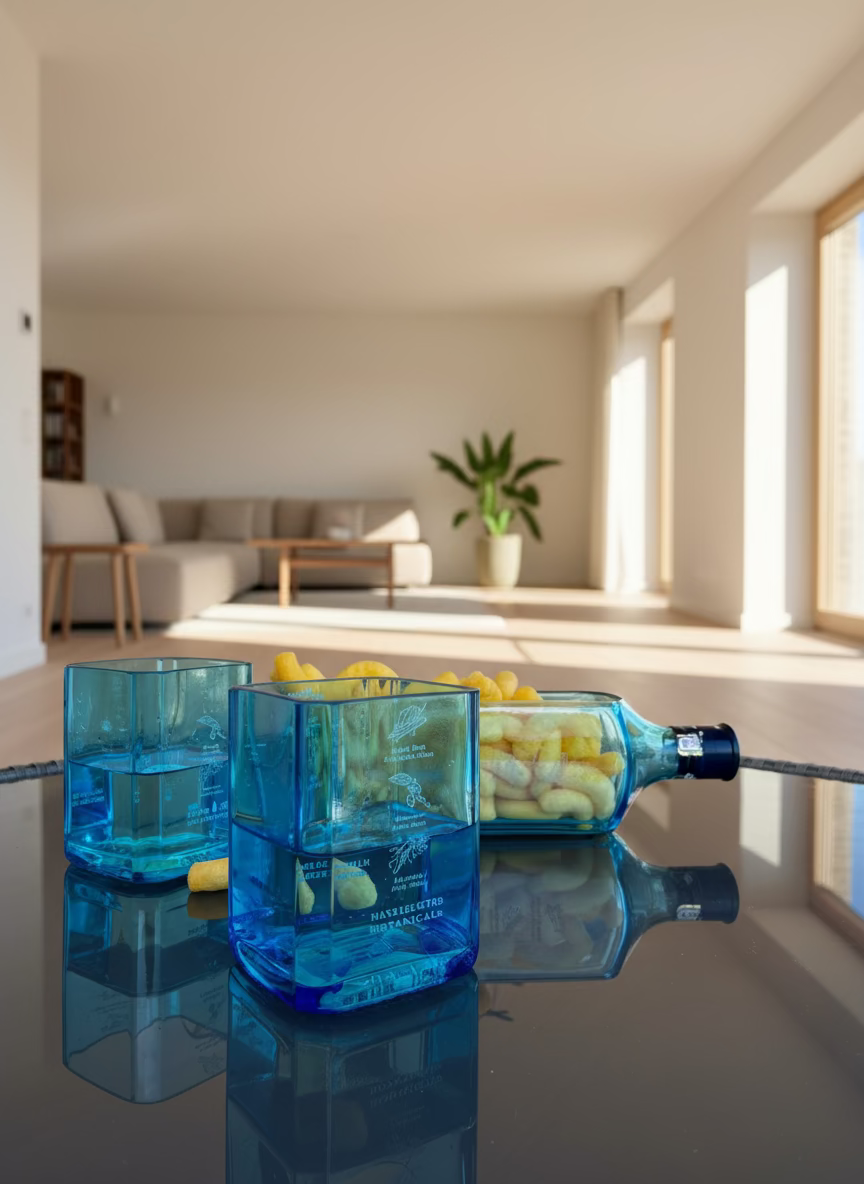 Set aperitivo vetro blu da bottiglie Bombay Gin riciclate con bicchieri e piatto, design sostenibile moderno