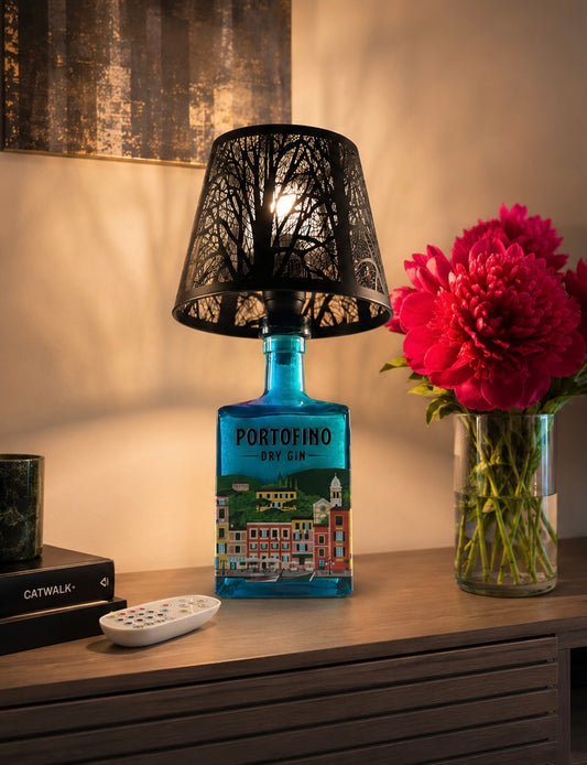 Lampada Bottiglia Gin Portofino 1.5lt – LED RGB USB con Telecomando, Design Artigianale