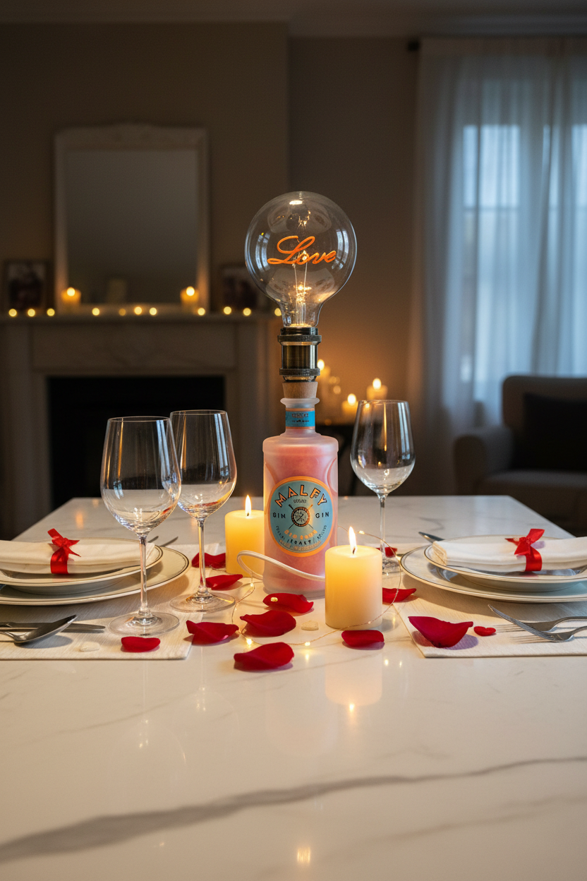 Lampada Malfy rosa personalizzata su tavolo decorato con petali di rosa e candele, atmosfera romantica.