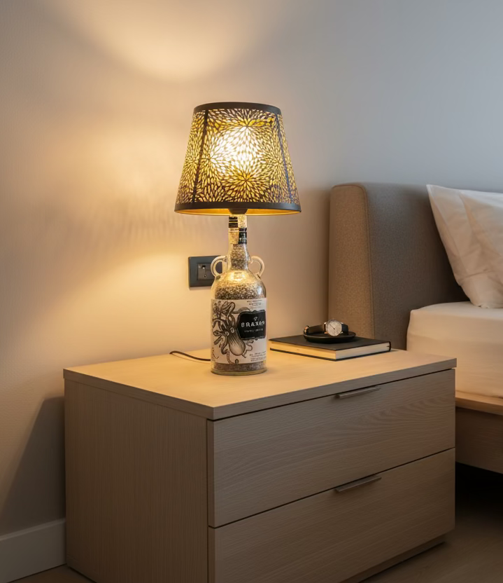 Lampada da tavolo fatta a mano con bottiglia Kraken e paralume nero traforato, accesa su mobile in camera da letto contemporaneo