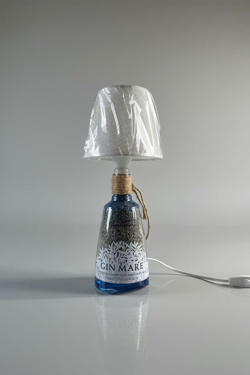 Lampada realizzata con bottiglia di gin mare, con paralume in tessuto beige e corda decorativa, appoggiata su un tavolino in marmo