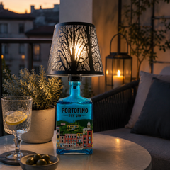 Lampada Bottiglia Gin Portofino 1.5lt – LED RGB USB con Telecomando, Design Artigianale