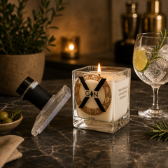 Candela in Cera di Soia da Bottiglia di Gin Riciclata con Tappo