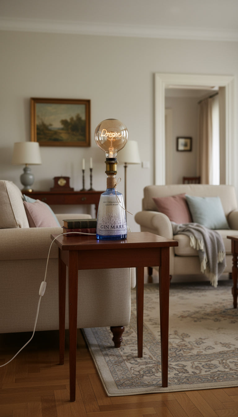 Lampada decorativa Gin Mare con luce calda e lampadina vintage, ambientata in salotto di design con tavolino in legno e atmosfera accogliente