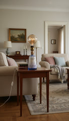 Lampada decorativa Gin Mare con luce calda e lampadina vintage, ambientata in salotto di design con tavolino in legno e atmosfera accogliente