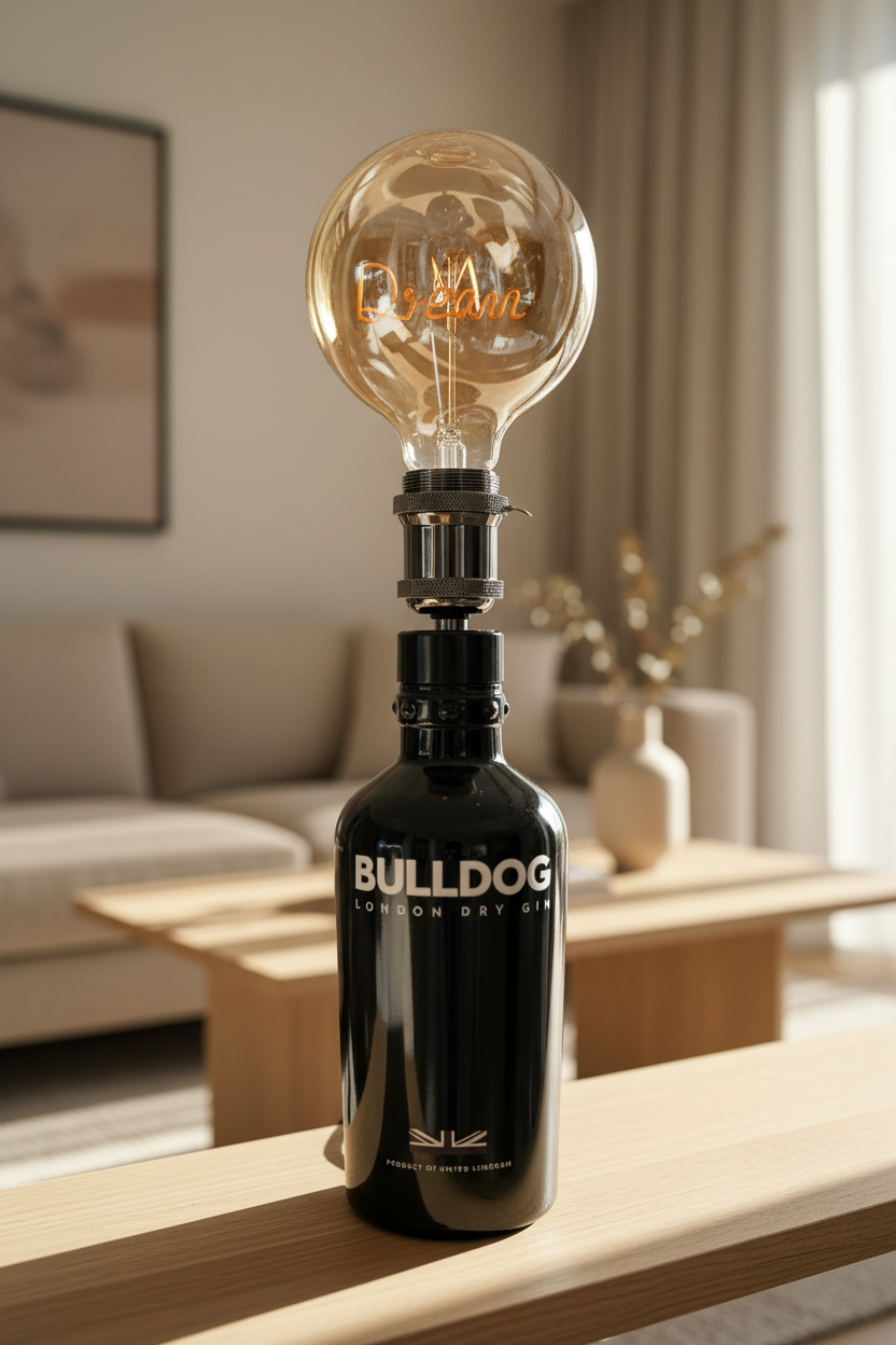 Lampada da tavolo design realizzata con bottiglia Bulldog London Dry Gin e lampadina decorativa vintage, ideale per arredamento moderno