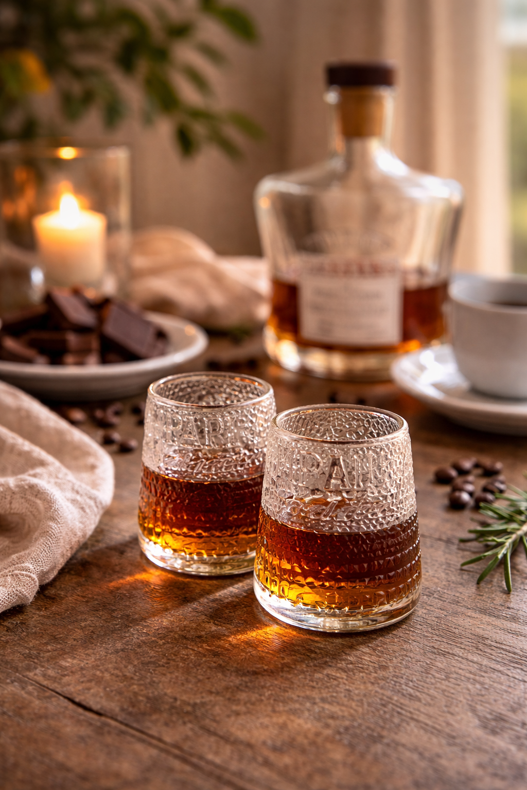 Bicchieri da amaro vintage in vetro con liquore su tavolo apparecchiato a fine pasto, atmosfera calda e conviviale