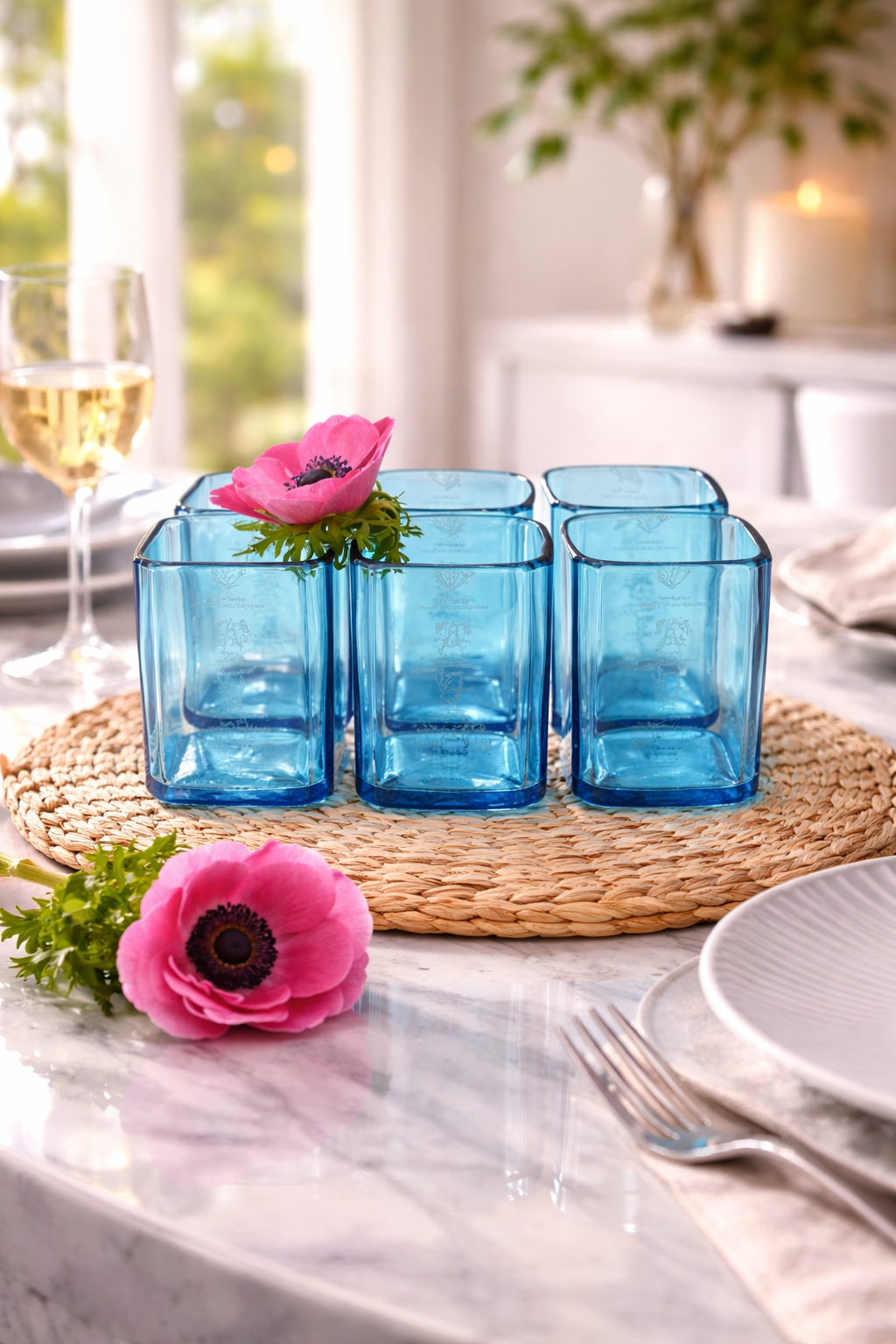 Collezione bicchieri in vetro blu da bottiglie Bombay Gin riciclate, design contemporaneo sostenibile