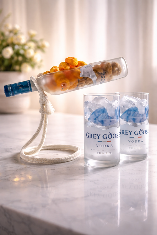 Set aperitivo Grey Goose in bottiglia riciclata con dispenser snack su corda e bicchieri con ghiaccio, design originale