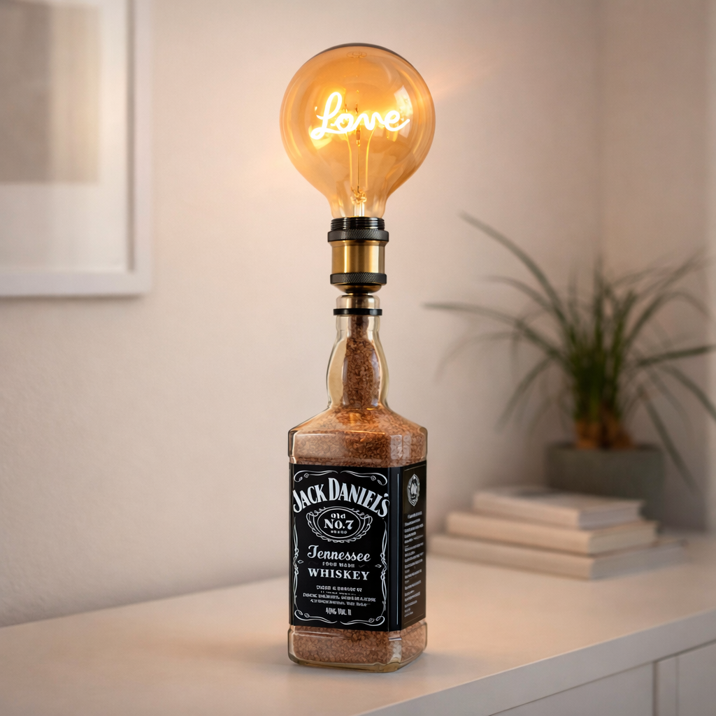 Lampada artigianale da tavolo realizzata con bottiglia Jack Daniel’s, lampadina vintage “Love” accesa, posizionata su mobile di design chiaro in ambiente domestico moderno 