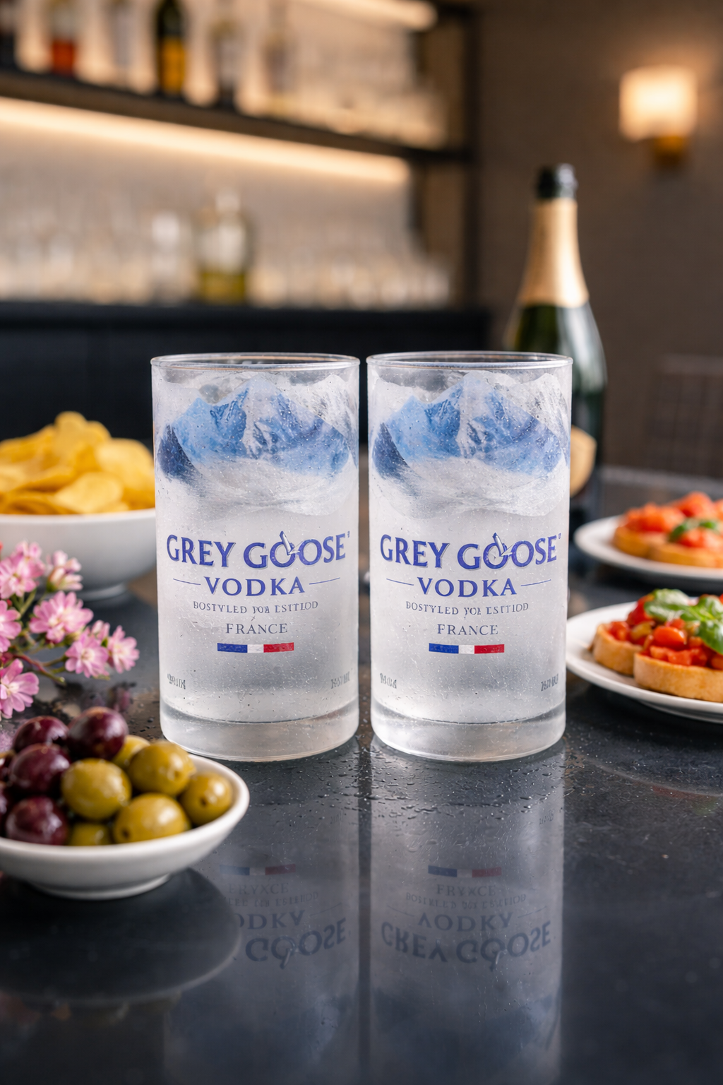 Dettaglio bicchieri Grey Goose in vetro riciclato con condensa e ghiaccio in ambiente luminoso