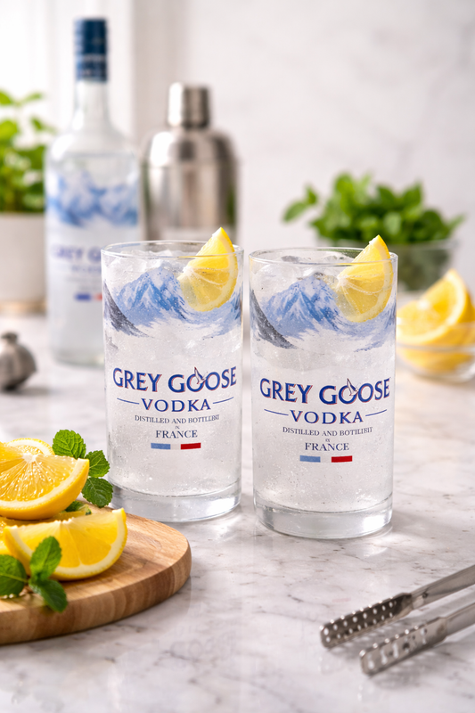 Bicchieri Grey Goose in vetro riciclato con ghiaccio e limone su piano in marmo chiaro in ambiente luminoso