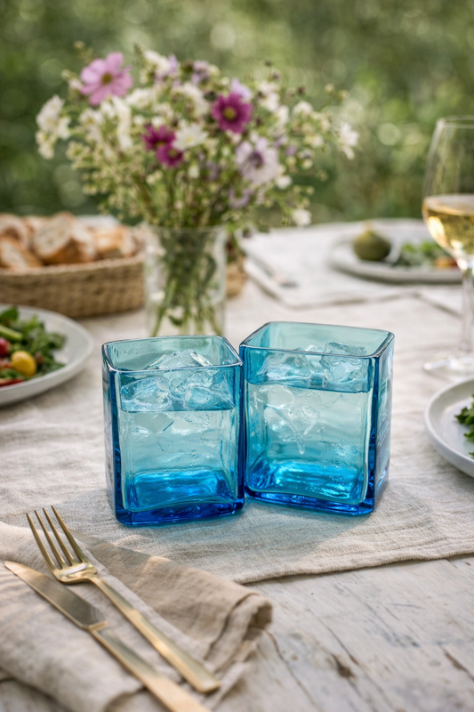 Bicchieri in vetro blu su tavolo apparecchiato in stile country chic con tovaglia e decorazioni naturali