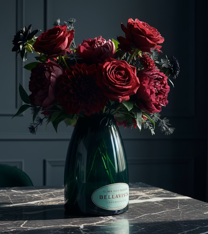 Vaso Bellavista in vetro riciclato con bouquet elegante, ambientazione scura e stile di lusso