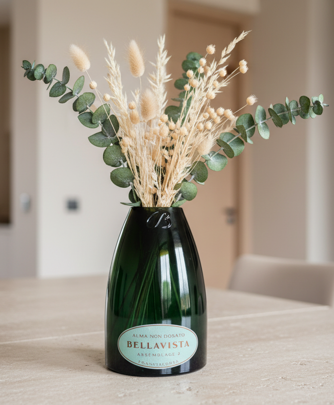 Vaso in vetro riciclato Bellavista con taglio artigianale, dettaglio del bordo e spessore del vetro
