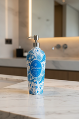 Dispenser sapone Generous Gin Azur in vetro bianco e blu design su piano in marmo