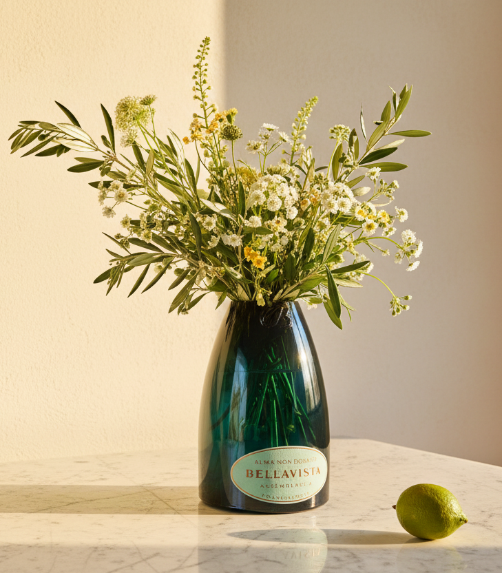 Vaso Bellavista in vetro riciclato con composizione di fiori naturali in ambiente mediterraneo luminoso