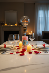 Lampada Malfy rosa personalizzata su tavolo decorato con petali di rosa e candele, atmosfera romantica.