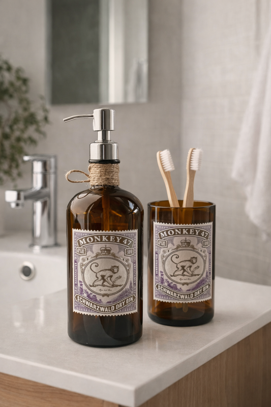 
Set bagno artigianale da bottiglie Monkey 47 riciclate, dispenser e portaspazzolini coordinati per un arredo sostenibile di design