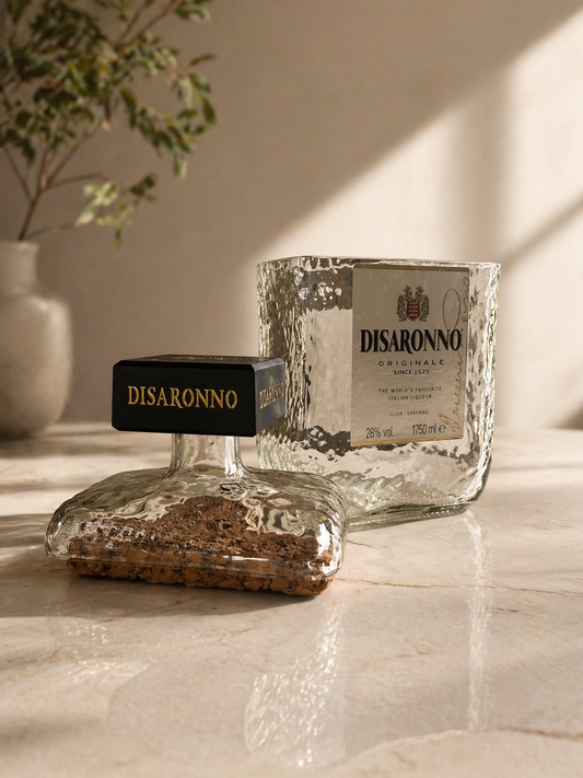 Bottiglia Disaronno 1.75L Riciclata – Porta Oggetti Artigianale con Chiusura in Sughero