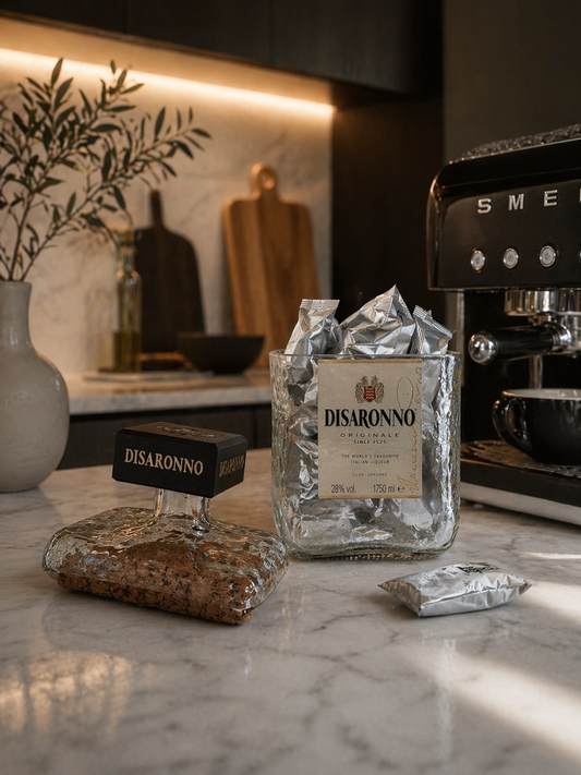 Bottiglia Disaronno 1.75L Riciclata – Porta Oggetti Artigianale con Chiusura in Sughero