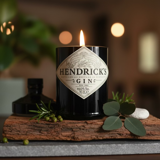 candela Hendrick’s Gin in vetro riciclato con etichetta originale e fiamma accesa