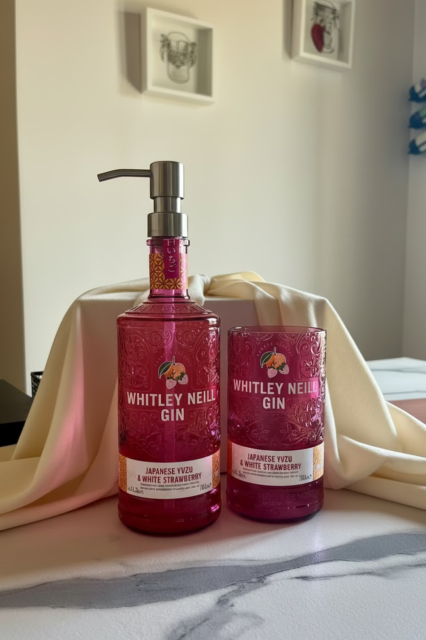 Idea regalo set bagno in bottiglia Pink Gin riciclata Whitley Neill con dispenser e bicchiere coordinato