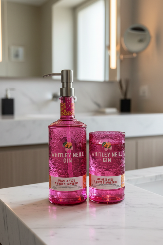 Dispenser e bicchiere bagno in bottiglia Whitley Neill Pink Gin riciclata con vetro rosa inciso design elegante