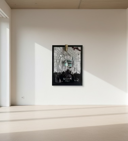 Quadro Campari Artigianale – Pezzo Unico con Bottiglia Originale e Rose Naturali